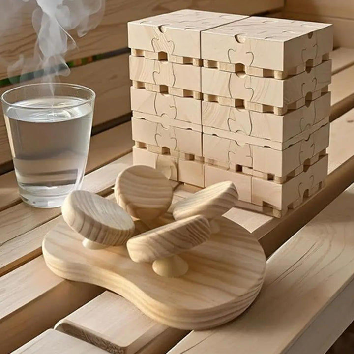 Wooden Sauna Headrest with Rotatable Disc - Ergonomic Head Support Neck Pillow for Sauna, Spa, and Bathroom Relaxation - Natural Solid Wood Nordic Design (23X17Cm)