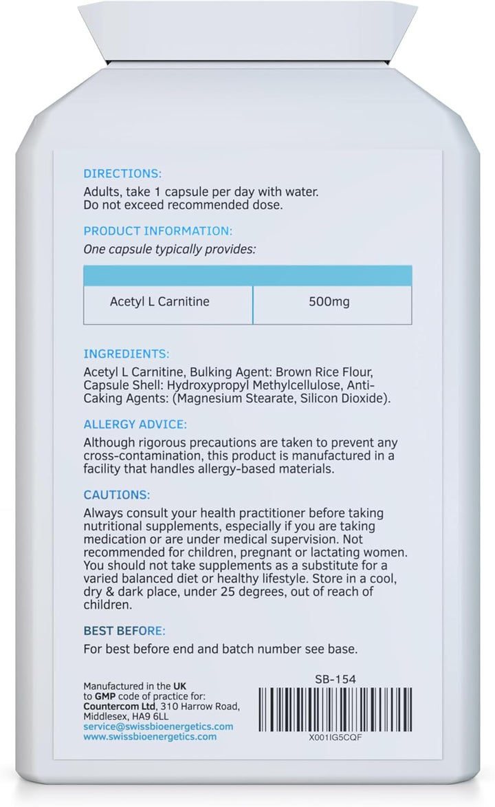 Acetyl-L-Carnitine 500Mg 90 Capsules - High-Strength ALCAR with No D-Carnitine - Made in the UK - Suitable for Vegans