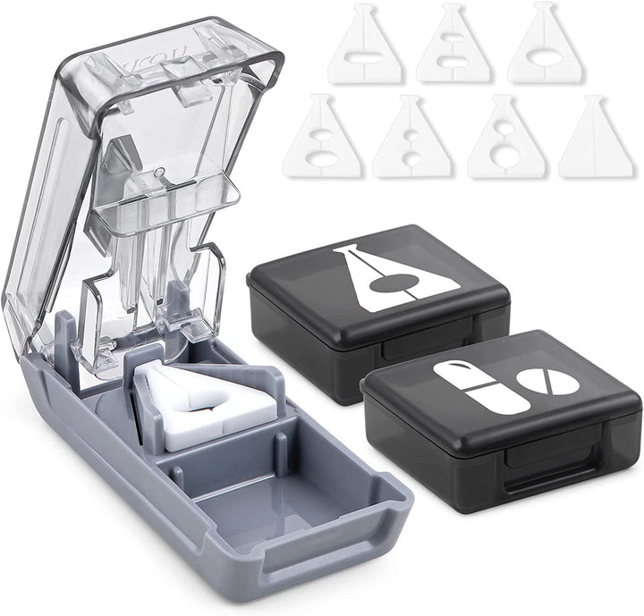 Pill Cutter for Small or Large Pills, Splitter with V-Shape Holder, Medicine Slicer with Sharp Blade, Two Large Organizers - Black