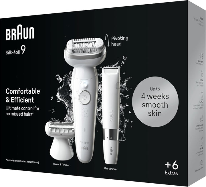 Silk-Épil 9, Epilator with Pivoting Head for Easy Hair Removal, Wet & Dry, Lasting Smooth Skin, with Lady Shaver Head & Trimmer Comb, 9-441, White/Silver with EU Plug