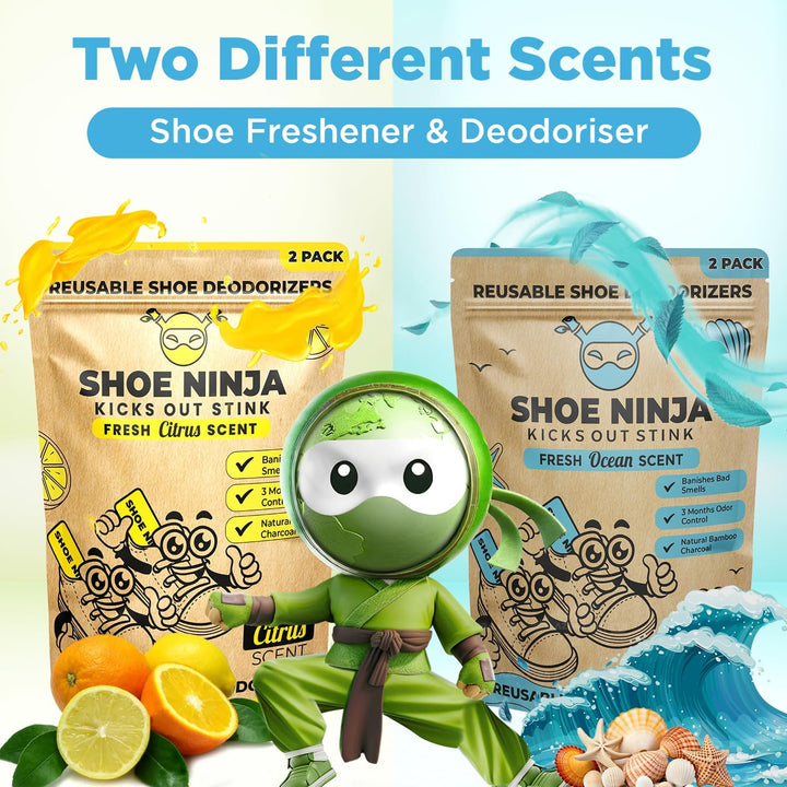 Shoe Ninja Shoe Deodorizer - Shoe Odour Eliminator with Activated Charcoal, Versatile and Reusable Deodoriser Bags for Shoes, Football Boot Deodoriser and Shoe Smell Remover, Great for Sports - 2 Pack