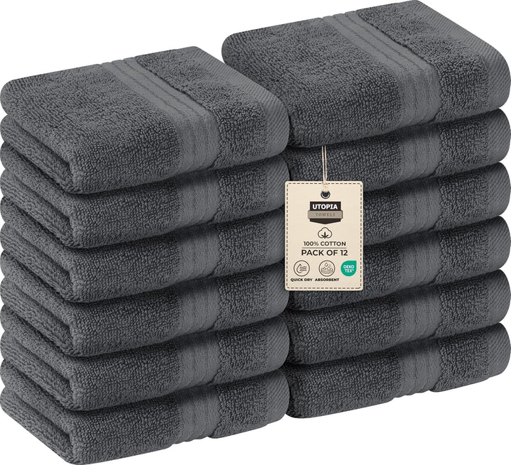 - 12 Pack Luxury Wash Cloths Set (30 X 30 CM) 100% Cotton Ring Spun, Highly Absorbent and Soft Feel Washcloths for Bathroom, Spa, Gym, and Face Towel (Cool Grey)