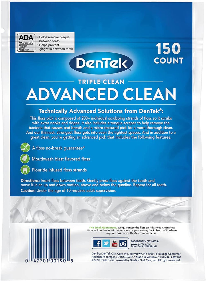 Triple Clean Mint Flavoured and Fluoride Coated Advanced Dental Floss Picks with 3 Cleaning Actions - 150 Pack (Packaging May Vary)