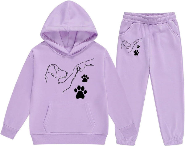 Girls Casual Hooded Tracksuit with Cute Cartoon Fist Bump Print and Drawstring Pockets for Autumn Winter Season