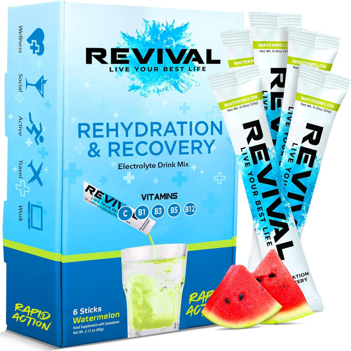 Revival Rapid Rehydration Electrolytes Powder - High Strength Vitamin C, B1, B3, B5, B12 Supplement Sachet Drink, Effervescent Electrolyte Hydration Tablets - 12 Pack Assorted Flavours