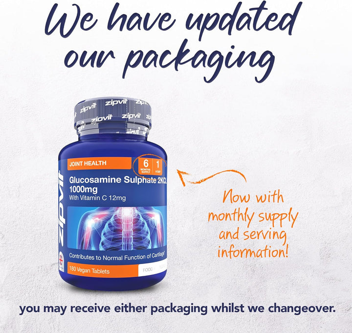 Glucosamine Sulphate 2Kcl 1000Mg with Vitamin C, 180 Vegan Tablets, Supports Bones, Cartilage & Collagen, Reduces Tiredness & Fatigue, Joint Health Supplement, 6 Month Supply