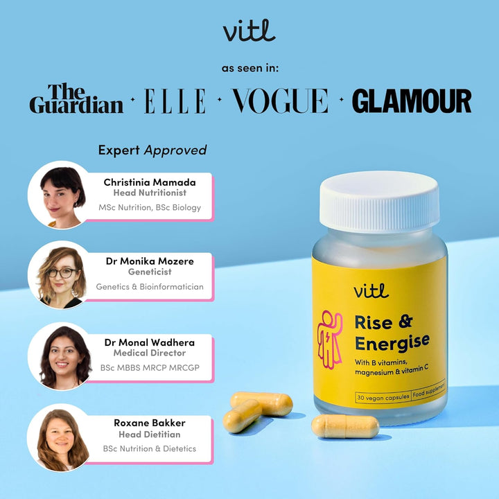 Rise & Energise Energy Boosting Supplement - 30 Vegan Capsules - with B Vitamins, Vitamin C & Korean Ginseng - Tiredness & Fatigue Fighting Minerals to Normalise Energy Metabolism