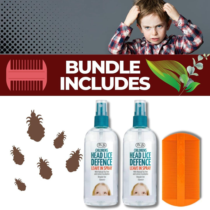 Dr J'S Children'S Head Lice Defence Leave in Spray 150Ml (2 Pack) + Premium Nit Comb | Natural Tea Tree & Lemon Eucalyptus | Daily Lice Prevention & Hair Care | Colours May Vary | Headlice Prevention