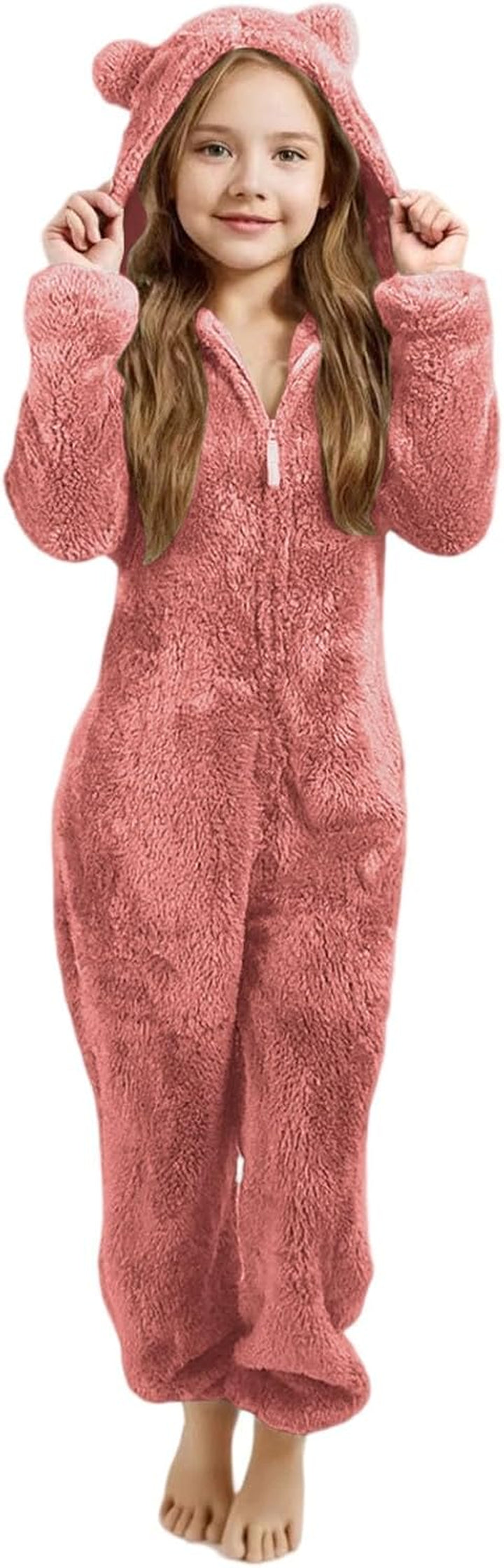 Girls Fleece Hooded Romper Jumpsuit with Ears Soft Warm Winter Pajamas Play Costume for Toddler Kids