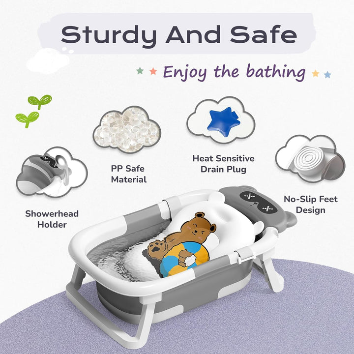 Baby Bath Tub Foldable, Baby Bathtub Collapsible Essentials for Newborn with Soft Cushion (0-18Months), Baby Shower for Infant to Toddler Gift Portable Space-Saving Travel,Grey
