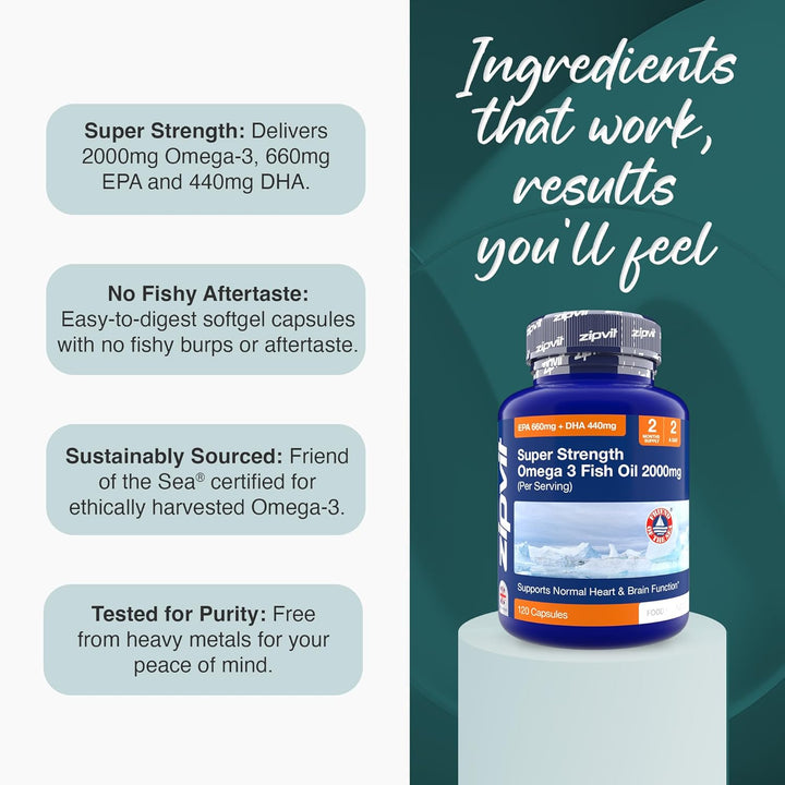 Omega 3 Fish Oil 2000Mg, EPA 660Mg DHA 440Mg per Daily Serving. 120 Capsules (2 Months Supply). Supports Heart, Brain Function and Eye Health. 2 Capsules per Serving