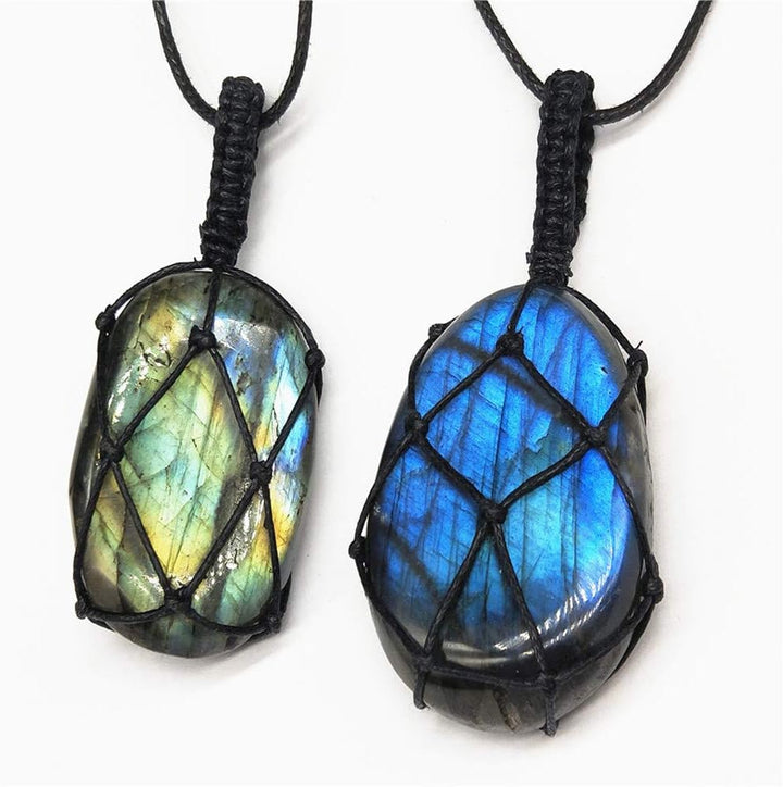 Natural Labradorite Crystal Necklace Healing Chakra Pendant with Hand-Woven Rope Labradorite Palm Stone Moonstone Healing Stone Pendant