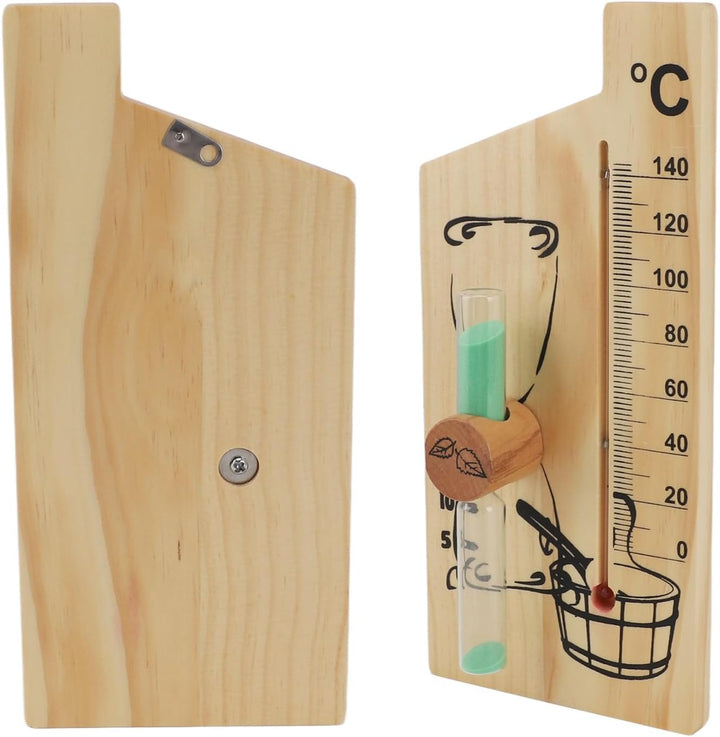 Sauna Thermometer Hourglass, Golden Elegant Design Sauna Temperature Gauge Sand Timer 0-140 Degree Celsius Wood for Hotel