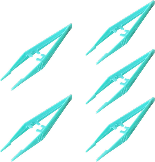 5 Pack Re-Usable Plastic Tweezers - Ideal for Health & Beauty, First Aid, Medical, DIY, Arts & Crafts, Green