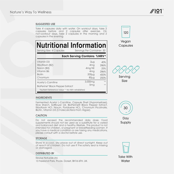 L-Carnitine 3000Mg with Bioperine - 120 Vegan Capsules - Energy & Metabolism Support - High Strength Acetyl L-Carnitine Complex (1 Month Supply) by