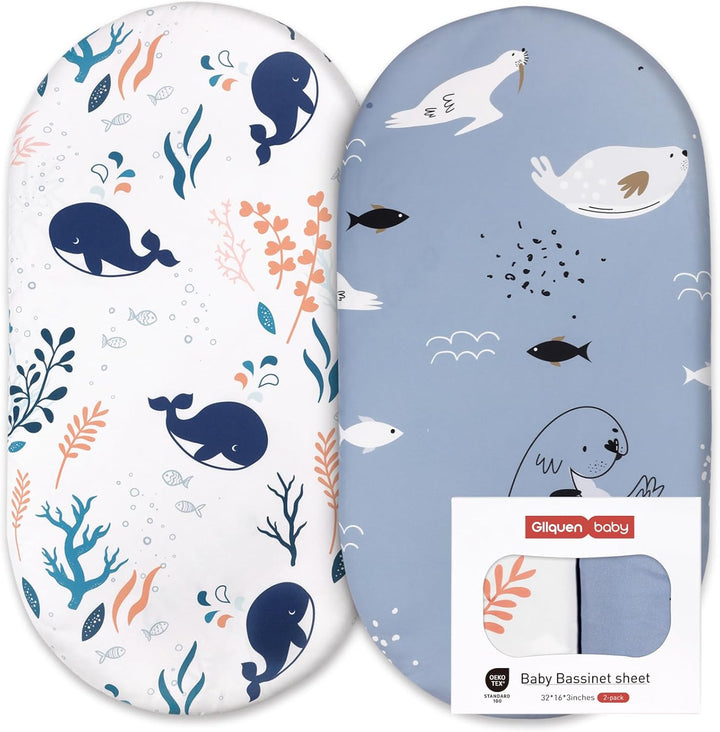 2 Pack Moses Basket Fitted Sheets, Newborn Pram Sheets Fitted, 100% Microfiber Oeko-Tex100 Cozy and Breathable Crib Baby Bassinet Sheets for Boy and Girl, Easy Care Soft Fitted Sheet