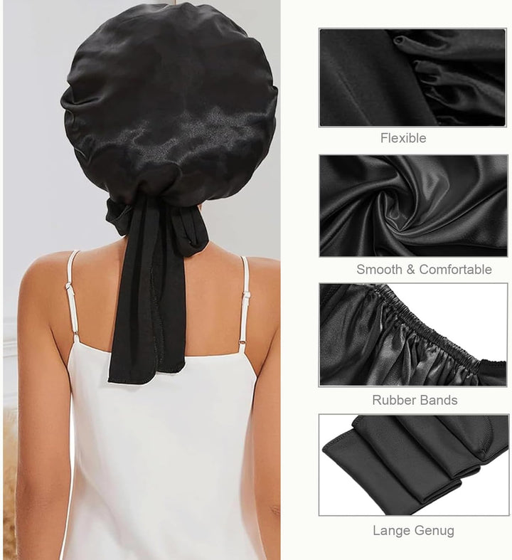 Silk Bonnet,Adjustable Satin Hair Bonnet,Soft and Comfortable Silk Sleep Cap(Black)