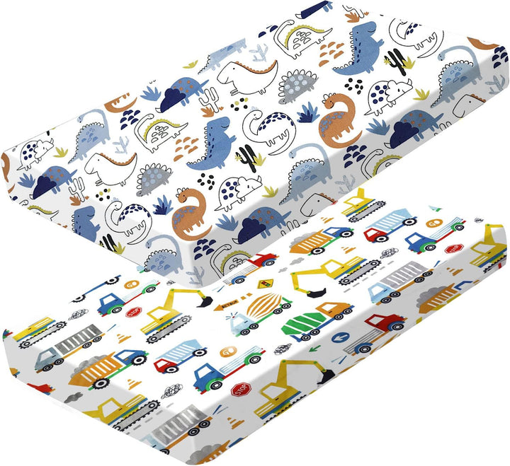 2 Pack Cot Bed Fitted Sheets 140 X 70Cm for Girl Boys | Bedding for Cot Bed | Easy Care Soft Cotton and Dureable, Unique Car & Dinosaur Pattern Baby Crib Sheets