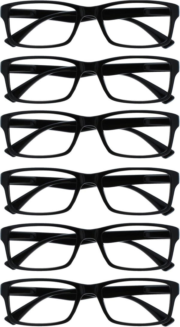 PEP Classic Reading Glasses for Women Men, Scratch Resistant Rectangular Frame with Spring Hinges, Black, +2.5 (Pack of 6)