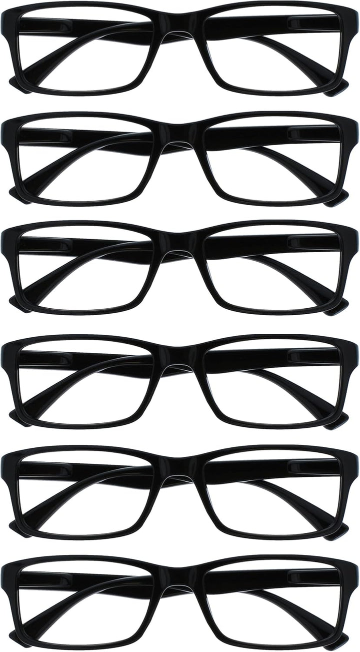 PEP Classic Reading Glasses for Women Men, Scratch Resistant Rectangular Frame with Spring Hinges, Black, +2.5 (Pack of 6)