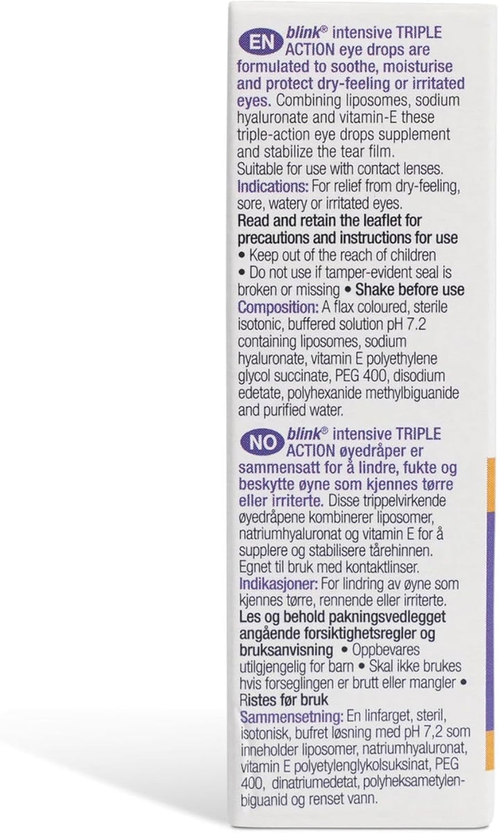 Intensive Triple Action Eye Drops for Dry, Tired & Irritated Eyes - Refreshing & Moisturising Eye Drops with Liposomes, Hyaluronate and Vitamin E, Suitable for Contact Lens Users, 10Ml