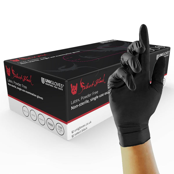 Select Black Latex Gloves - Powder Free Disposable Gloves for Beauty, Piercing and Tattoo Artists - Box of 100 Gloves, Black, Medium (GT0023)
