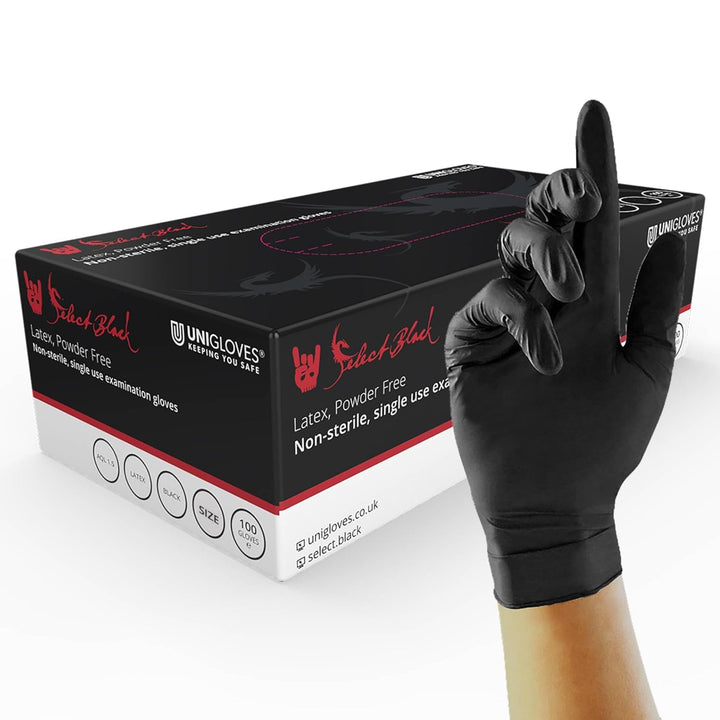 Select Black Latex Gloves - Powder Free Disposable Gloves for Beauty, Piercing and Tattoo Artists - Box of 100 Gloves, Black, Medium (GT0023)