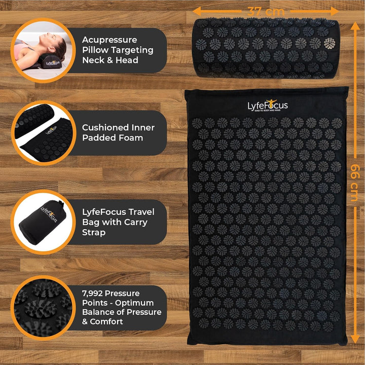 Acupressure Mat & Pillow Set with Travel Bag - Cushioned Spike Acupuncture Massage Mat for Back, Neck & Shoulder Pain Relief - Easing Muscle Tension & Stress (Black & Black)