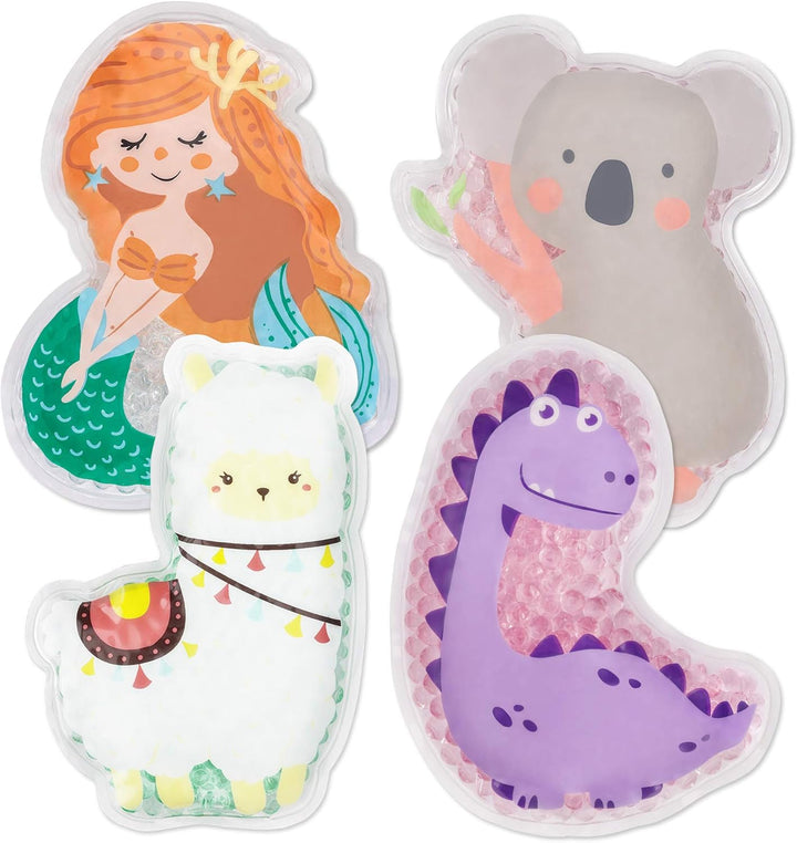 Girls Hot and Cold Packs (Set of 4) - Kids Reusable Heat and Ice Gel Pack Set - Koala/Alpaca/Mermaid/Dinosaur