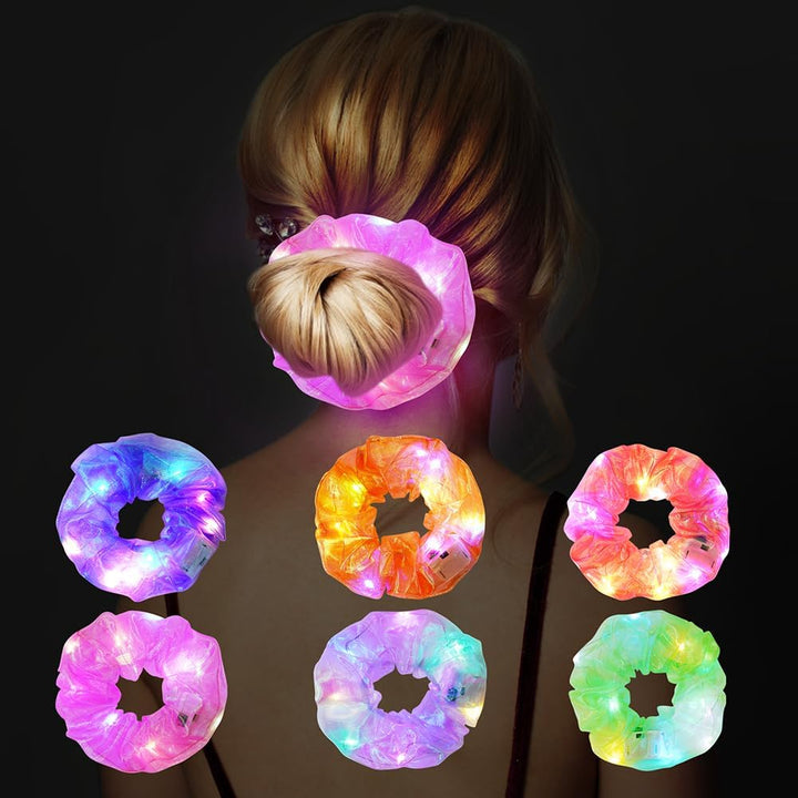 LED Light up Elastic Hair Bands, 6Pcs Luminous Hair Ties, 3 Colors Light Modes LED Scrunchies, Light up Hair Scrunchies for Halloween Rave Glow Party
