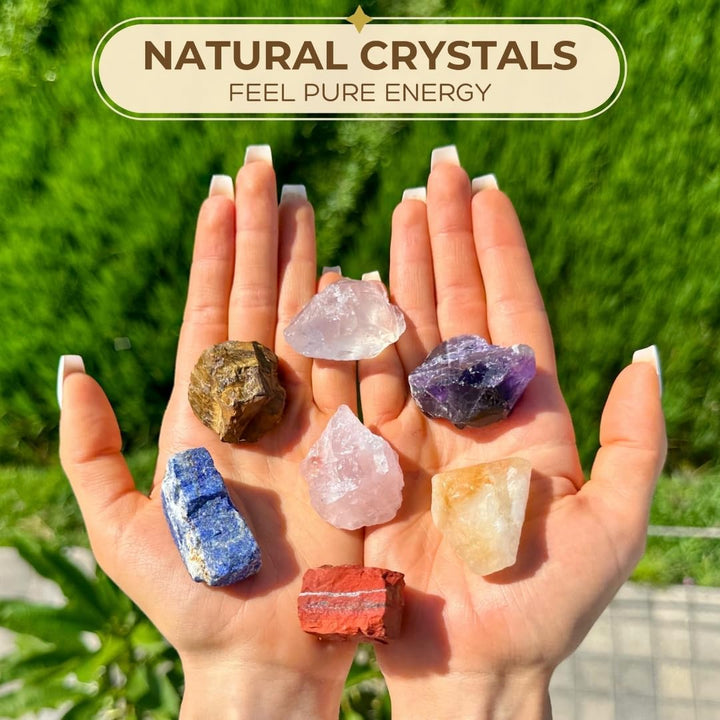 Premium 7 Chakra Healing Crystals Set for Energy Alignment - Large Raw Amethyst, Rose Quartz, Citrine, Lapis Lazuli, Clear Quartz, Tigers Eye & Red Jasper - Wooden Gift Box & Guidebook Included