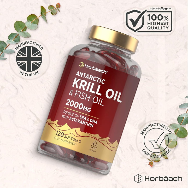 Antarctic Krill Oil Capsules 2000Mg | 120 Softgels | High Strength Blend with Fish Oil, Astaxanthin, Phospholipids, EPA and DHA | by