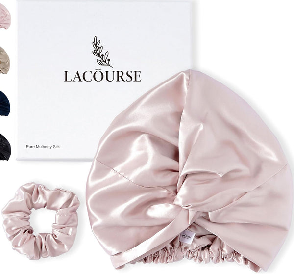 100% Genuine 22Momme Silk Bonnet for Sleeping, Double-Layered Mulberry Silk Hair Wrap with Premium Elastic Stay on Head. (One Size, Pink)