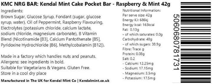 KMC Energy Bars Pocket-Sized, Original Flavour, Kendal Mint Cake Recharged, Vegan, Gluten Free with Essential Electrolytes & Vitamins35G (6 Count (Pack of 1), Raspberry)