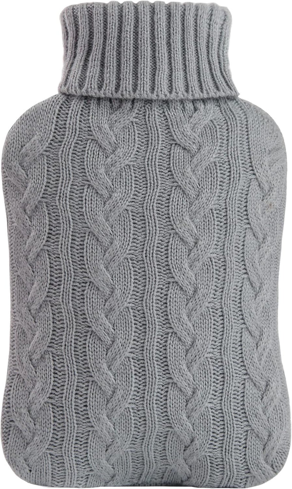 Hot Water Bottle with Knitted Cover, 2L Hot Water Bag for Hot and Cold Compress, Hand Feet Warmer, Neck and Shoulder Pain Relief, Gray