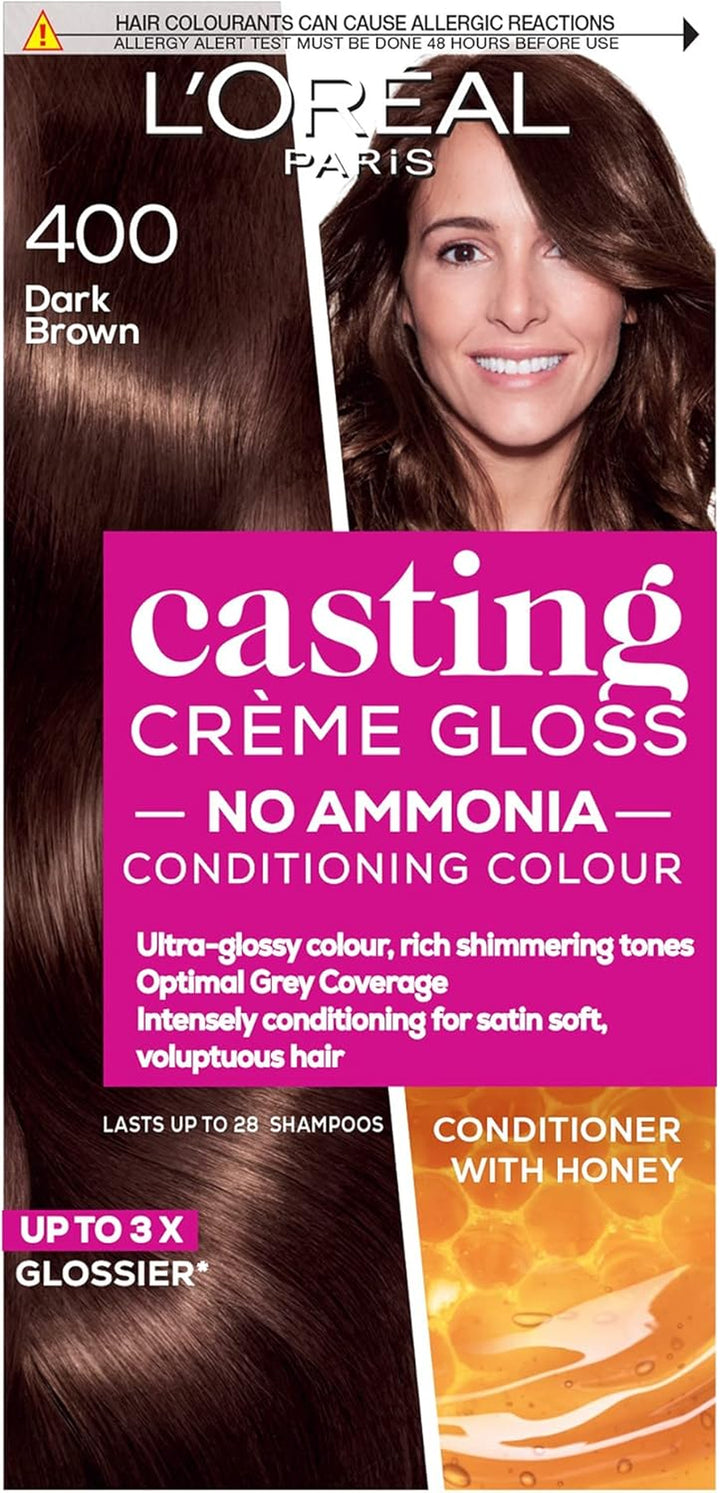 Casting Crème Gloss 400 Brown: a No-Ammonia, Semi-Permanent Hair Colour Lasting 32 Washes. Get up to 3X Glossier, 4X Silkier, Visibly Healthier Hair with This Natural and Radiant Brown Tone.