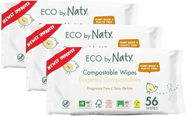 Naty Compostable Baby Wipes – Unscented, 100% Plant-Based, Plastic-Free, Fragrance-Free, Hypoallergenic for Sensitive Skin and Dermatologically Tested (Regular - 168 Count - 3 Packs of 56)
