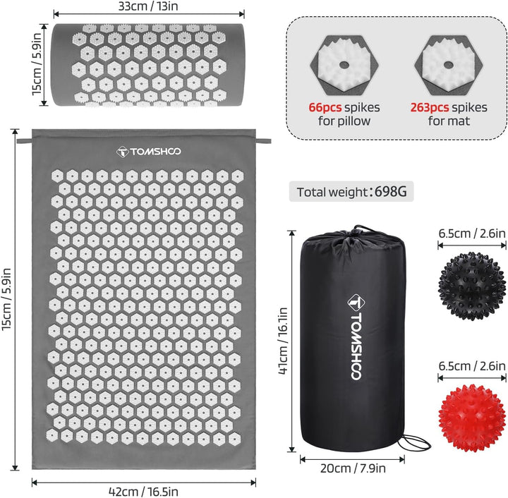 Acupressure Set, Acupressure Mat and Pillow with 2Pcs Massage Balls- Pain Relief Therapy Muscle Back Neck with Travel Bag for Men and Women Grey