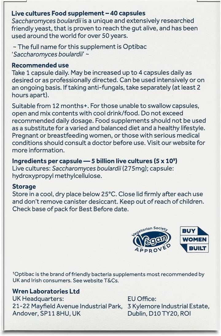 Saccharomyces Boulardii - Vegan Digestive Probiotic Supplement with 5 Billion Live Cultures - Most Recommended Brand - 40 Capsules