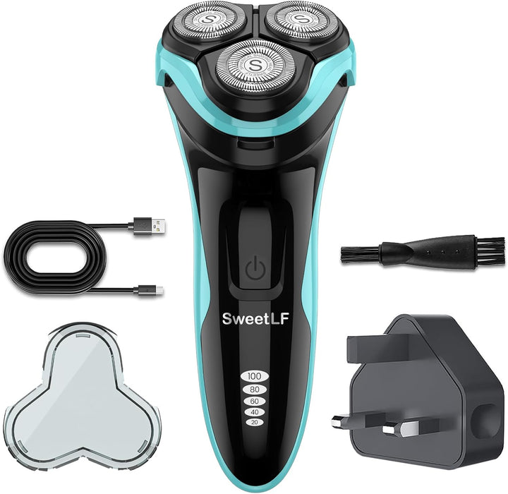 Electric Razor for Men, 120 Min Shaving, Fast UK Adapter (1H Charging),100% Waterproof, Wet & Dry Rotary Shavers for Men with Pop-Up Trimmer, LED Display, Dark Blue