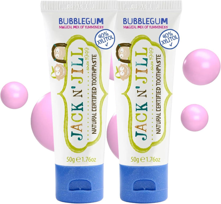 Jack N’ Jill Natural Certified Kids Toothpaste – Fluoride-Free Toddler & Baby Toothpaste with 40% Xylitol, No Sugar, Suitable from 6 Months+, Banana & Strawberry Flavour, Pack of 2 (50G Each)