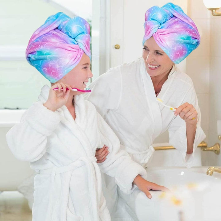 2 Pack Microfibre Hair Towels - Quick Drying & Ultra Absorbent, with Button. Designed for Wet Hair Wraps, Women'S & Girls' (Mermaid)