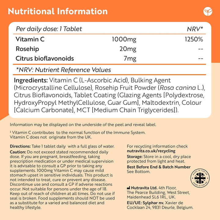 Vitamin C 1000Mg – 180 Premium Vegan & Vegetarian Tablets – 6 Month Supply – High Strength Ascorbic Acid – with Added Bioflavonoids & Rosehip – Normal Immune System – Made in the UK
