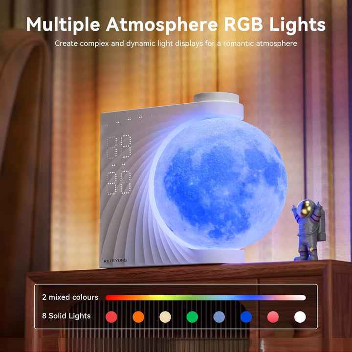 Moon Lamp Sunrise Alarm Clock, 2 Alarm Clocks, Wake up Light 8 Atmosphere Colours, Natural Sound Bedside Lamp, 3 Levels of Brightness Night Light Gifts for Women Girls Boys, Home Decoration.