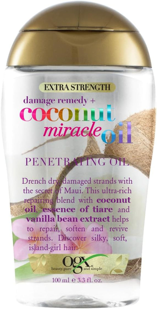 Coconut Miracle Oil Extra Strength Penetrating Hair Oil for Dry, Damaged, and Frizzy Hair, Intense Hydration, Frizz Control, and Shine with Coconut Oil, Tiare, and Vanilla Bean Extracts, 100 Ml