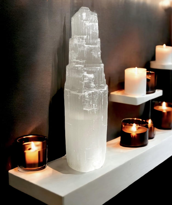 Selenite Crystal Lamp Handmade Natural White Selenite Tower Lamp Spiritual Healing Cleanse and Recharge Crystals Table Lamp Meditation Mineral Decoration Gift (30 Cm)