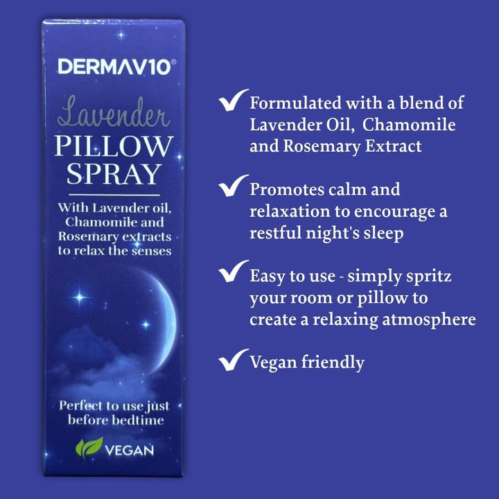 Derma V10 Pillow Spray, Lavender Oil, Chamomile and Rosemary Extract, Reduces Stress and Anxiety, Improves Sleep, Calms Body and Mind, Easy to Use, Vegan Friendly
