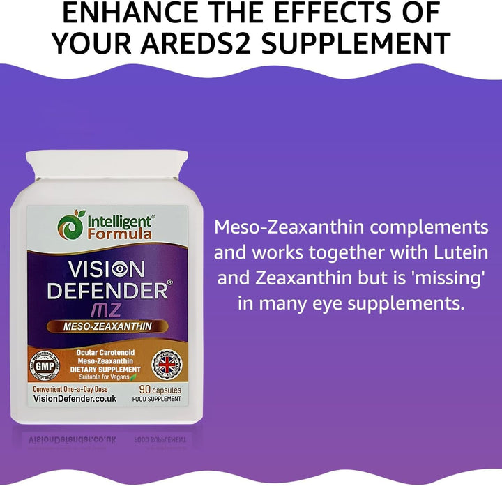 Meso Zeaxanthin Supplement - VISION DEFENDER MZ – High Strength Eye Vitamins Nutrients & Antioxidant Carotenoid for Ocular Health, Eye Care & Eyesight Support –Vegan (90 Capsules/One-A-Day) Made in UK
