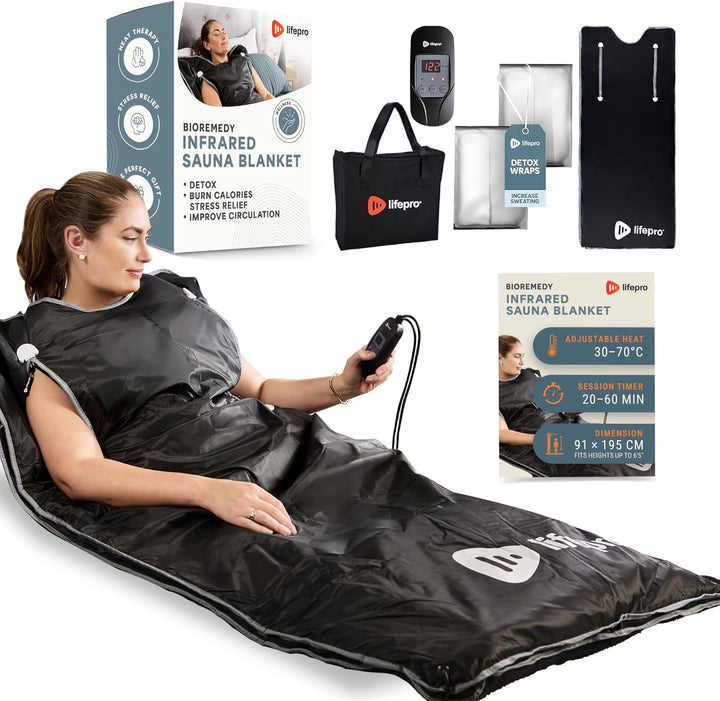 Bioremedy Infrared Sauna Blanket, 91 × 193 Cm Portable Home Sauna for Deep Heat Therapy, Detoxification & Relaxation, Includes 3×Thermal Wraps, Adjustable 30–70°C, Open-Head Design, Arm Zips