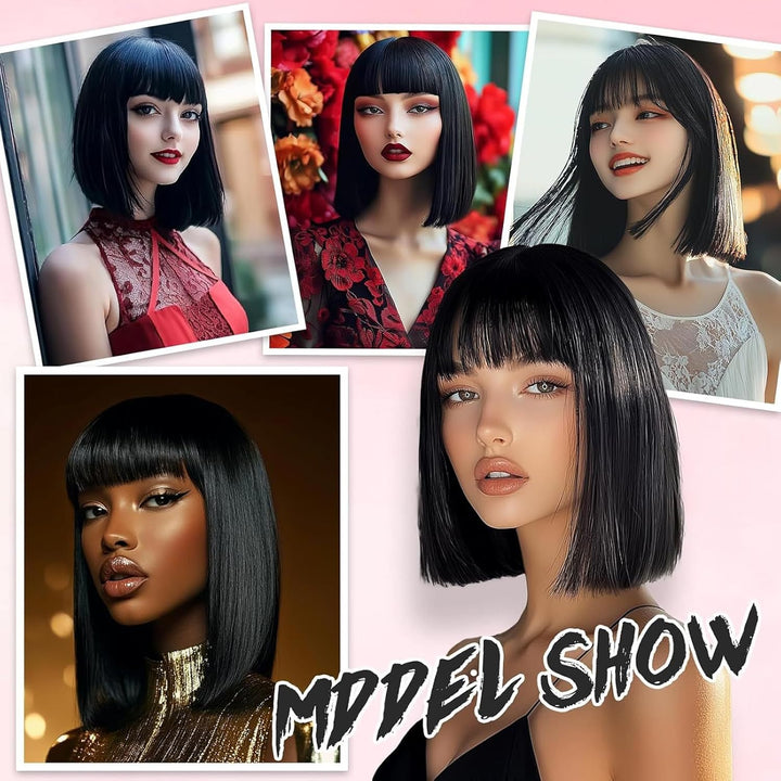 Black Bob Wig for Women, 14" Straight Bob Flat Bangs Short Black Wigs Shoulder Length, Short Bob Straight Wig with Bangs, Carnival Party Cosplay Halloween Hair Wigs for Girls Women